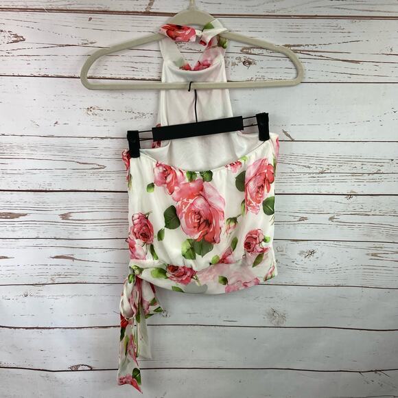 Windsor S White Pink Floral Chiffon Pleated Halter Backless Side Tie Blouse Top - Picture 6 of 8
